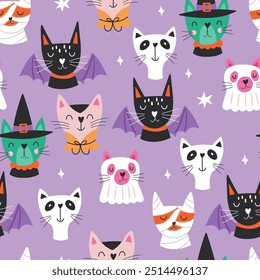 Seamless pattern background for Halloween holiday with cute cats in costume. Childish print for cards, wrapping paper and textile. Vector illustration