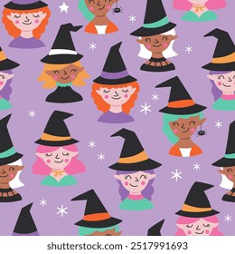Plano de fundo padrão contínuo para férias de Halloween com personagem bruxas bonito. Impressão infantil para cartões, papel de embrulho e têxteis. Ilustração vetorial