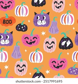 Fondo de patrón sin fisuras para vacaciones de Halloween con Elementos lindos. Impresión infantil para tarjetas, papel de regalo y textil. Ilustración vectorial