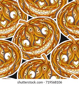 Seamless pattern, background with Halloween pumpkin head with pa