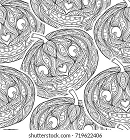 Seamless pattern, background with Halloween pumpkin head. 