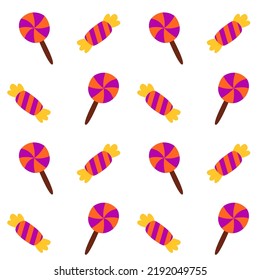 Seamless pattern background of halloween trick or treat candies. Bright candies, lollipop and sweets in the traditional colors of Halloween.