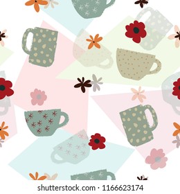 Seamless pattern background with hand drawn cup and flowers vector illustration for design