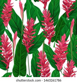 seamless pattern background of hand drawn alpinia purpurata exotic tropical red ginger flower with green leaf on white background