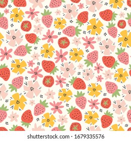 Seamless pattern background with hand drawn doodle hand drawn vector scandinavian style strawberries and flowers.Tileable repeating background for branding,package, fabric and textile, wrapping paper