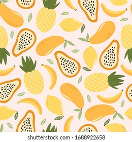 Seamless pattern background with hand drawn doodle hand drawn vector scandinavian style summer exotic fruits.Tileable repeating background for branding,package, fabric and textile, wrapping paper