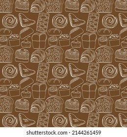Seamless pattern background of hand drawn bakery and pastry food set. Vector illustration in doodle style