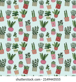 Seamless pattern background of hand drawn cactus and plant in sweet pot