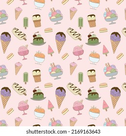 Seamless pattern background of hand drawn delicious ice cream set on soft pink background for summer concept