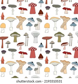 Seamless pattern background of hand drawn mushroom plant in doodle art style on white background