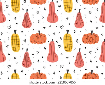 seamless pattern background with hand drawn pumpkin doodle set. Different pumkin gourd decorated with lines, dots, hearts scribble. Simple autumn fall design. Thanksgiving, Halloween children sweet