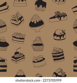 Seamless pattern background of hand drawn sweet cake and dessert set. Vector illustration on dark brown background