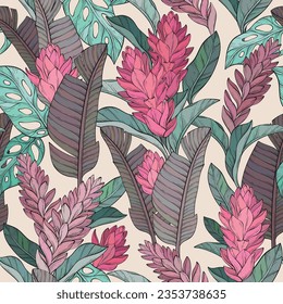 Seamless pattern background with hand drawn alpinia purpurata exotic red ginger flower and tropical plants. Vector illustration