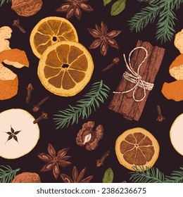 Seamless pattern background with hand drawn mulled wine ingredients