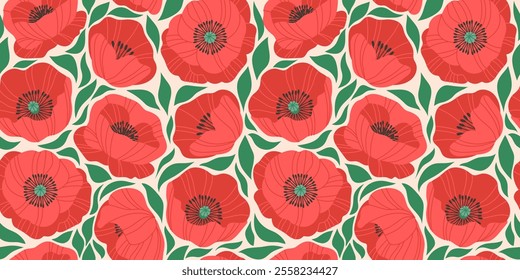 Seamless pattern, background of hand drawn red flowers. Poppies and leaves in doodle style. Trendy vector botanical illustration on light background