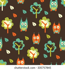 Seamless pattern background with hand drawn owls, trees and leaves in forest. Design for childish fabric.