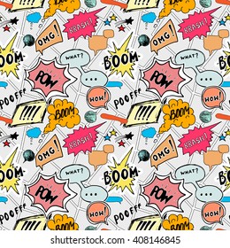 Seamless pattern background with hand drawn comic book speech bubbles, vector illustration.