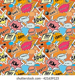 Seamless pattern background with hand drawn comic book speech bubbles, vector illustration.