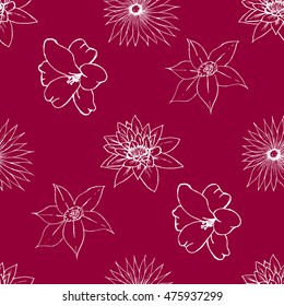 Seamless pattern background with hand drawn flowers on red background vector illustration