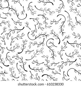 Seamless pattern background. Hand drawn branches with leaves. Black and white colors. Vector illustration.