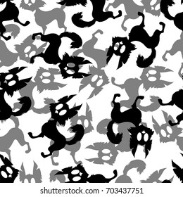 Seamless pattern background with hand-drawn cat silhouettes in black and white colors. Happy Halloween. Vector design.