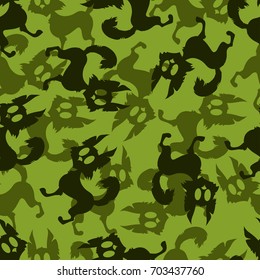 Seamless pattern background with hand-drawn cat silhouettes in green colors. Happy Halloween. Vector design.