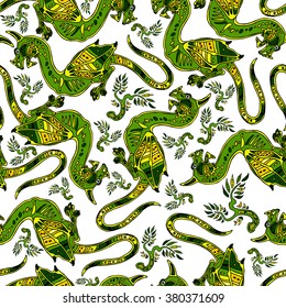 Seamless pattern background with hand-drawn dragons and leaves in ethnic style. Vector illustration.