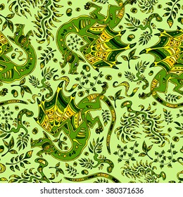 Seamless pattern background with hand-drawn dragons and leaves in ethnic style. Vector illustration.
