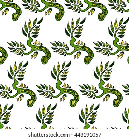 Seamless pattern background with hand-drawn green leaves and branches in ethnic style. Mosaic ornament. Vector design.