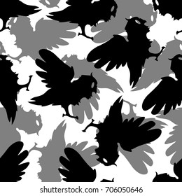 Seamless pattern background with hand-drawn owl silhouettes in black and white colors. Happy Halloween. Vector design.