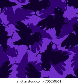Seamless pattern background with hand-drawn owl silhouettes in purple colors. Happy Halloween. Vector design.