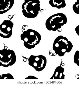 Seamless pattern background with hand-drawn pumpkin silhouettes in black and white. Happy Halloween. Vector design.