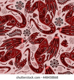 Seamless pattern background with hand-drawn red dragons, leaves, branches, flowers and pinecones in ethnic style. Mosaic ornament. Vector illustration.
