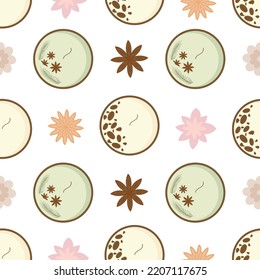 Seamless pattern background with handmade scented soy and coconut wax candles in scandinavian folk hygge style