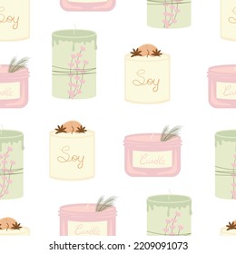 Seamless pattern background with handmade scented soy and coconut wax candles in scandinavian folk hygge style