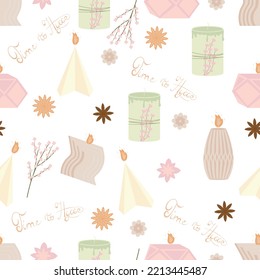 Seamless pattern background with handmade scented soy and coconut wax candles and flower branches, leaves, coffee, anise, flower heads in scandinavian folk hygge style