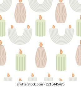 Seamless pattern background with handmade scented soy and coconut wax candles in scandinavian folk hygge style