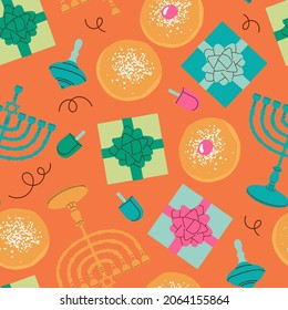 Seamless pattern background for Hanukkah holiday with menorah, donuts and gift box. Hand drawn minimal trendy vector illustration