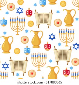 Seamless pattern background with Hanukkah traditional elements in flat style. Vector illustration.
