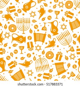 Seamless pattern background with Hanukkah traditional elements in flat style. Vector illustration.