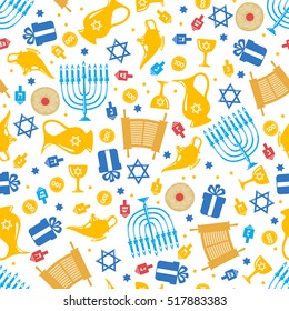 Seamless pattern background with Hanukkah traditional elements in flat style. Vector illustration.