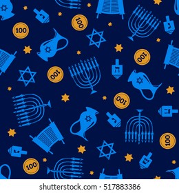 Seamless pattern background with Hanukkah traditional elements in flat style. Vector illustration.