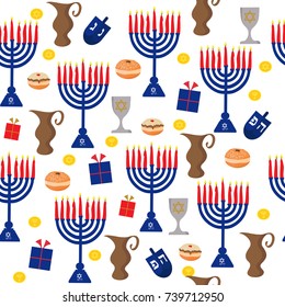 Seamless pattern background with Hanukkah traditional elements in flat style