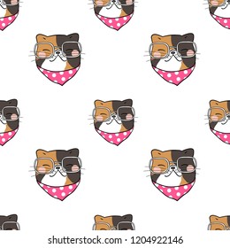 Seamless pattern background head of cat on white.