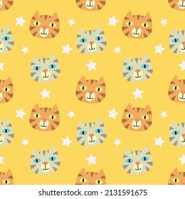 Seamless pattern background head of cat on yellow color