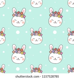 Seamless pattern background head rabbit on pastel color.Doodle style.