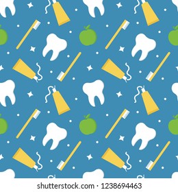 Seamless pattern background for health and dental care with tooth, toothpaste, toothbrush and fresh apples.