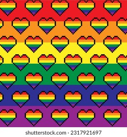 Seamless Pattern Background Heart colorful for pride month festival, Multicolored LGBT LGBTQIA, Abstracts Geometric Wallpaper Design. Pixelated Rainbow Heart. Vector Illustration.