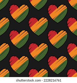 Seamless pattern background, Heart symbol with hand drawn stroke colors of African flag - red, yellow, green. Kwanzaa, Juneteenth, Black History Month backdrop texture design.