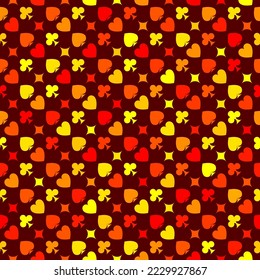 Seamless pattern background with hearts, diamonds, clubs, spades. Sun fire red and orange colored. Vector modern stylish ornament texture for casino decor, wrapping paper, clothing textile print